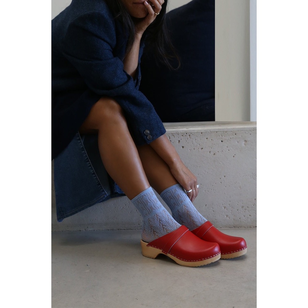 BJORK Maja Red Leather Wood Open Back Swedish Clogs EU 39 US 8-8.5